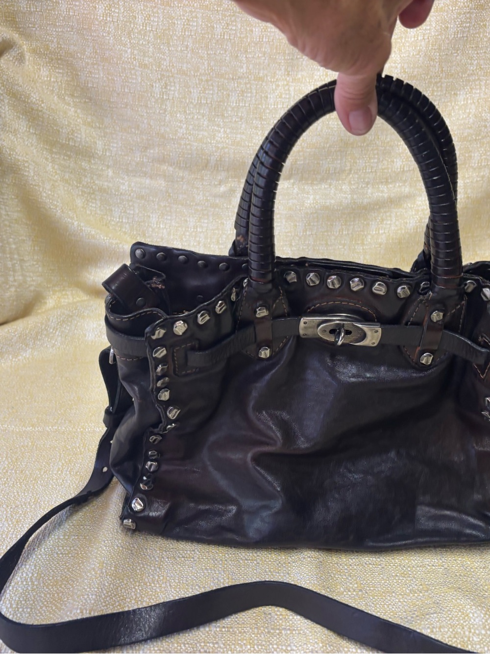 Giorgio Brato Dark Brown Leather Stud-Accent Shoulder Bag with Turn-Lock - Picture 5 of 10